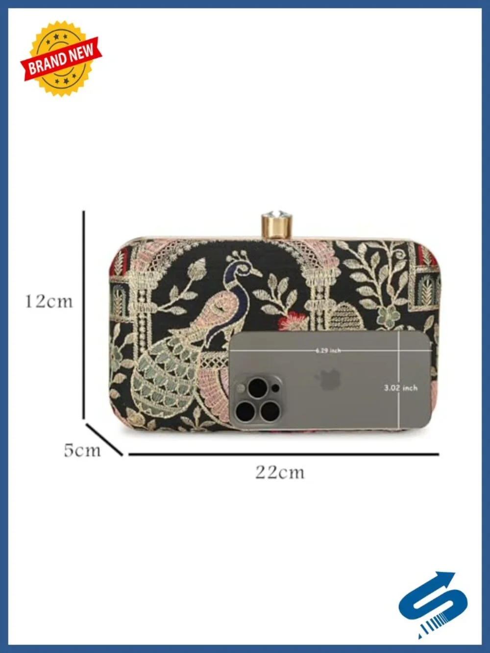 Embroidered Box Clutch Evening Bag with Crystal Clasp & Chain Strap